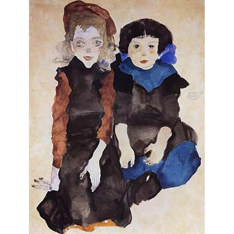 Two Little Girls Black Modern Wood Framed Art Print with Double Matting by Schiele, Egon