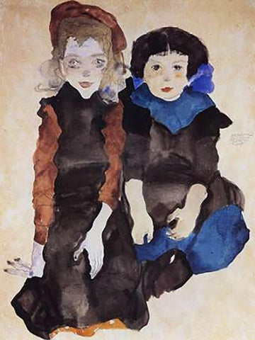 Two Little Girls Black Ornate Wood Framed Art Print with Double Matting by Schiele, Egon