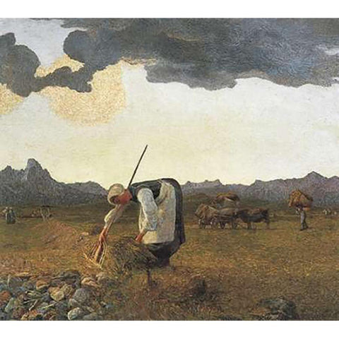 Hay Harvest Gold Ornate Wood Framed Art Print with Double Matting by Segantini, Giovanni