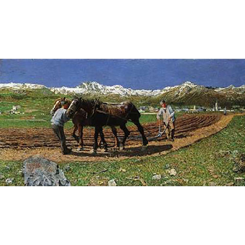 Ploughing White Modern Wood Framed Art Print by Segantini, Giovanni