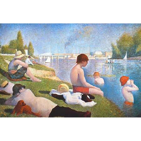 Bathing At Asnieres White Modern Wood Framed Art Print by Seurat, Georges