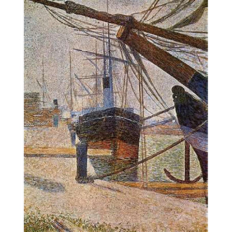 Dockside At Honfleur Black Modern Wood Framed Art Print with Double Matting by Seurat, Georges