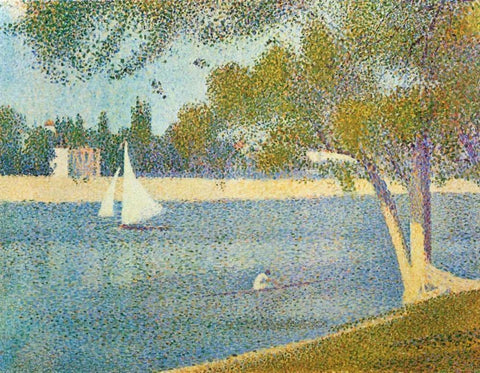 The Seine At La Grande Jatte In The Spring White Modern Wood Framed Art Print with Double Matting by Seurat, Georges