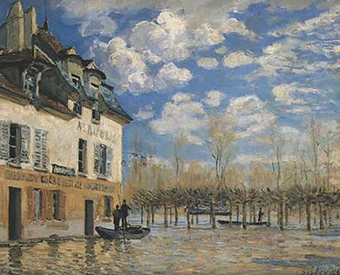 Boat In The Flood At Port Marly Black Ornate Wood Framed Art Print with Double Matting by Sisley, Alfred