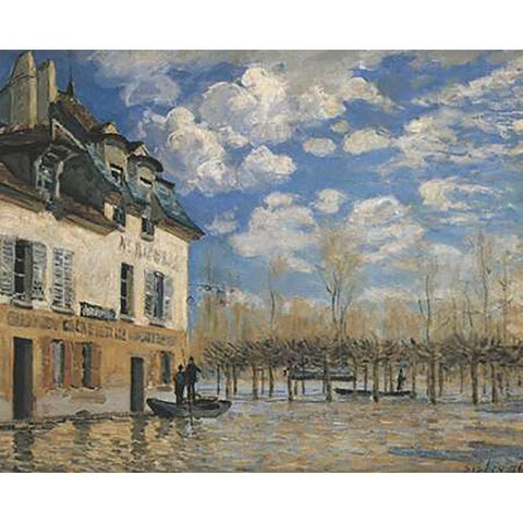 Boat In The Flood At Port Marly Black Modern Wood Framed Art Print with Double Matting by Sisley, Alfred