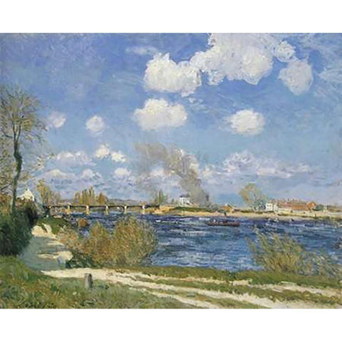 Bougival White Modern Wood Framed Art Print by Sisley, Alfred