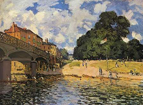 Bridge At Hampton Court White Modern Wood Framed Art Print with Double Matting by Sisley, Alfred