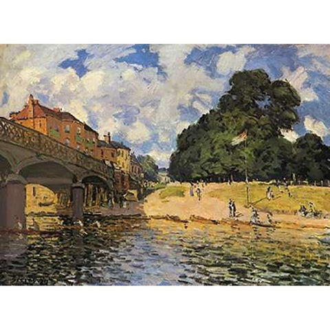 Bridge At Hampton Court Black Modern Wood Framed Art Print with Double Matting by Sisley, Alfred