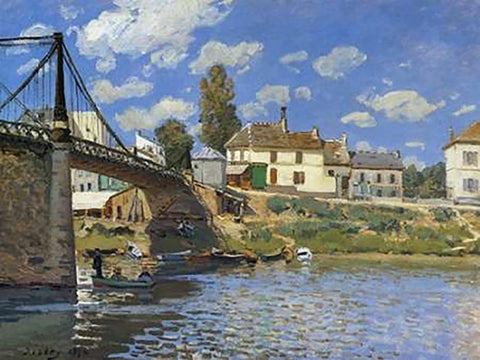 Bridge At Villeneuve La Garenne Black Ornate Wood Framed Art Print with Double Matting by Sisley, Alfred