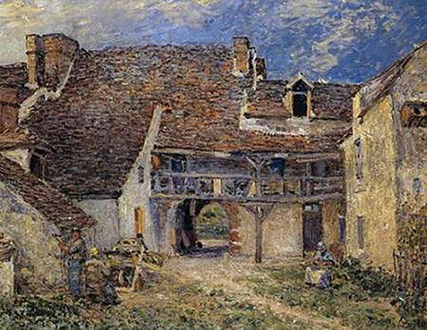 Courtyard Of Farm At St Mammes Black Ornate Wood Framed Art Print with Double Matting by Sisley, Alfred