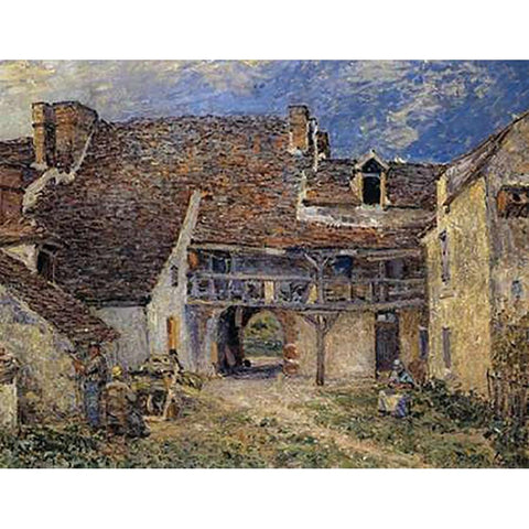 Courtyard Of Farm At St Mammes Black Modern Wood Framed Art Print with Double Matting by Sisley, Alfred