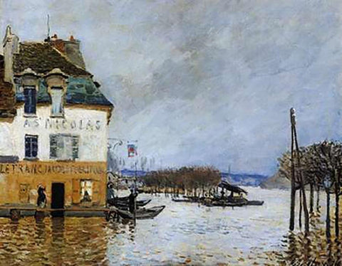 Flood At Port Marly White Modern Wood Framed Art Print with Double Matting by Sisley, Alfred