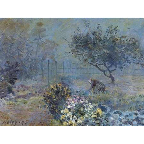 Foggy Morning Voisins Gold Ornate Wood Framed Art Print with Double Matting by Sisley, Alfred