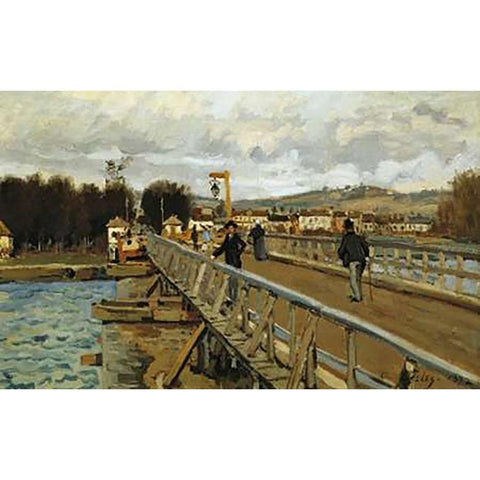 Footbridge At Argenteuil Gold Ornate Wood Framed Art Print with Double Matting by Sisley, Alfred