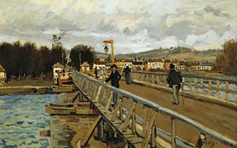 Footbridge At Argenteuil Black Ornate Wood Framed Art Print with Double Matting by Sisley, Alfred