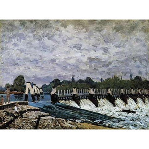 Molesey Weir Morning Gold Ornate Wood Framed Art Print with Double Matting by Sisley, Alfred