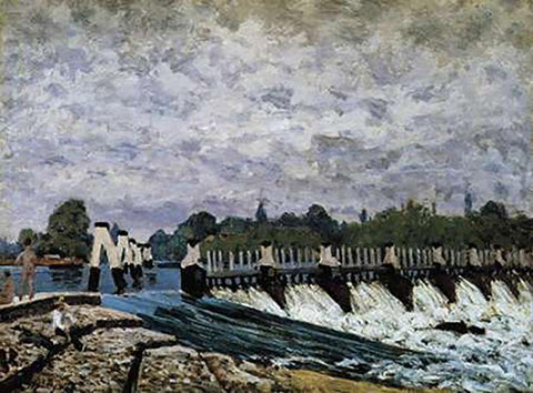 Molesey Weir Morning White Modern Wood Framed Art Print with Double Matting by Sisley, Alfred