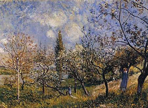 Orchard In The Spring White Modern Wood Framed Art Print with Double Matting by Sisley, Alfred