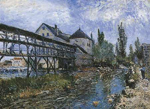 Provenchers Mill At Moret Black Ornate Wood Framed Art Print with Double Matting by Sisley, Alfred