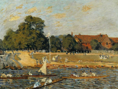 Regatta At Hampton Court White Modern Wood Framed Art Print with Double Matting by Sisley, Alfred