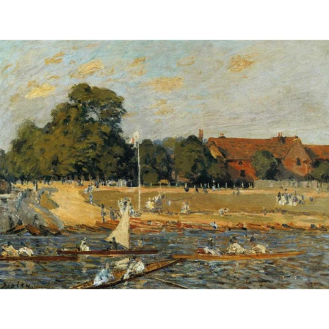 Regatta At Hampton Court Black Modern Wood Framed Art Print with Double Matting by Sisley, Alfred