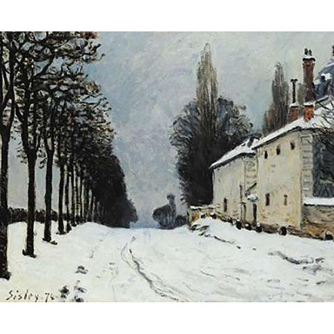 Snow On The Road Louveciennes White Modern Wood Framed Art Print by Sisley, Alfred