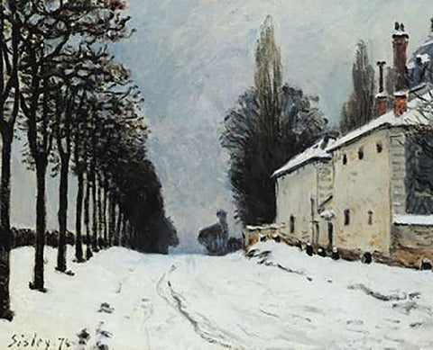 Snow On The Road Louveciennes White Modern Wood Framed Art Print with Double Matting by Sisley, Alfred