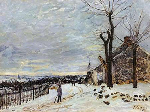 Snowy Weather At Veneux Nadon Black Ornate Wood Framed Art Print with Double Matting by Sisley, Alfred