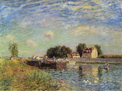 Le canal du Loing a Saint-Mammes White Modern Wood Framed Art Print with Double Matting by Sisley, Alfred