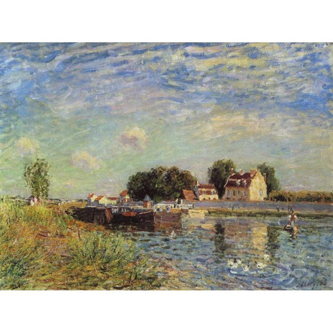 Le canal du Loing a Saint-Mammes White Modern Wood Framed Art Print by Sisley, Alfred