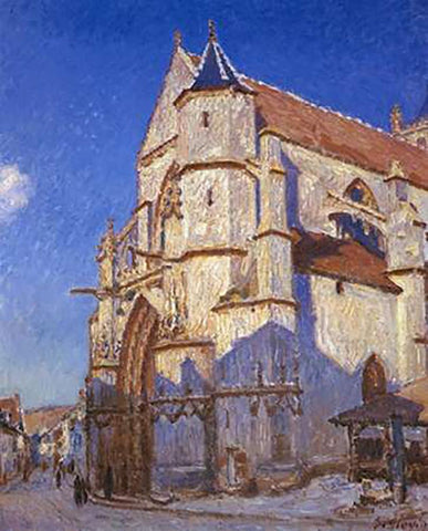 The Church At Moret Black Ornate Wood Framed Art Print with Double Matting by Sisley, Alfred