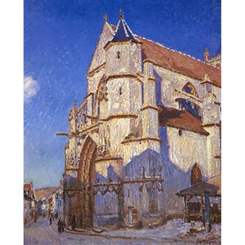 The Church At Moret Black Modern Wood Framed Art Print with Double Matting by Sisley, Alfred