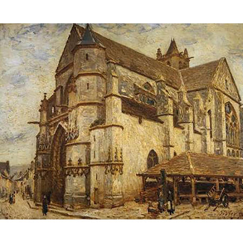 The Church At Moret Icy Weather Black Modern Wood Framed Art Print with Double Matting by Sisley, Alfred