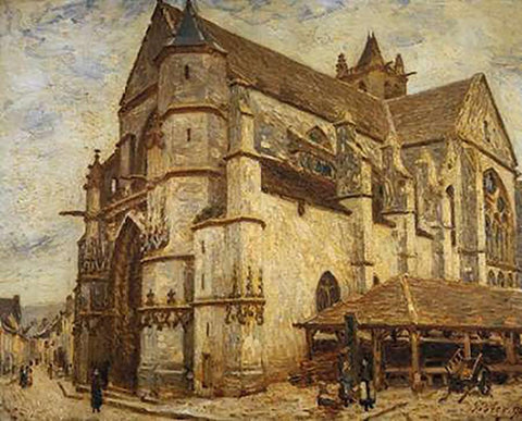 The Church At Moret Icy Weather Black Ornate Wood Framed Art Print with Double Matting by Sisley, Alfred