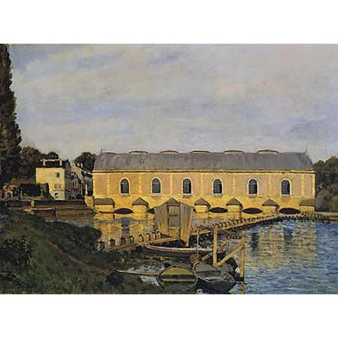 The Machine At Marly Black Modern Wood Framed Art Print with Double Matting by Sisley, Alfred