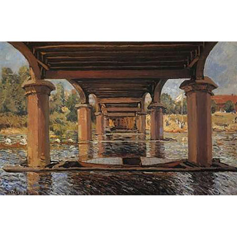 Under The Bridge At Hampton Court Black Modern Wood Framed Art Print with Double Matting by Sisley, Alfred