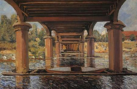 Under The Bridge At Hampton Court Black Ornate Wood Framed Art Print with Double Matting by Sisley, Alfred