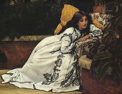 Girl In Armchair The Convalescent Black Ornate Wood Framed Art Print with Double Matting by Tissot, James