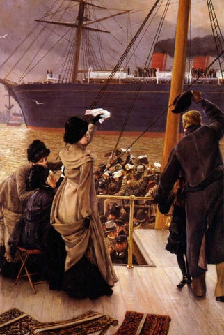 Goodbye On The Mersey Black Ornate Wood Framed Art Print with Double Matting by Tissot, James Jacques