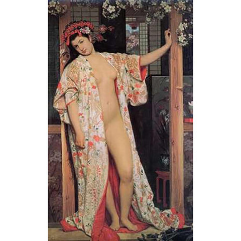 Japanese Girl Bathing White Modern Wood Framed Art Print by Tissot, James