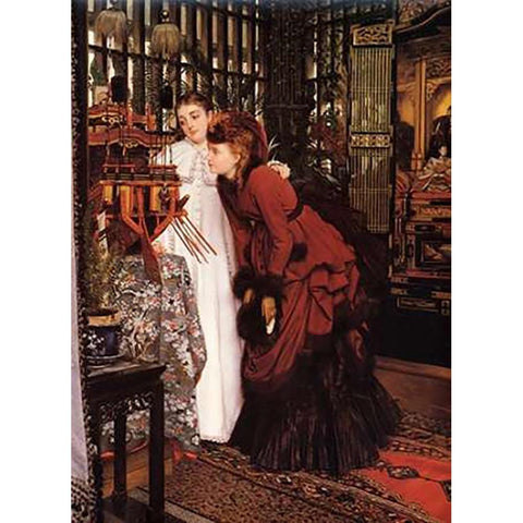 Ladies Looking At Japanese Objects Black Modern Wood Framed Art Print with Double Matting by Tissot, James