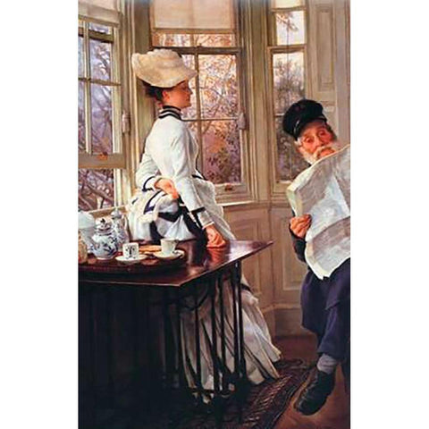 Reading The News White Modern Wood Framed Art Print by Tissot, James