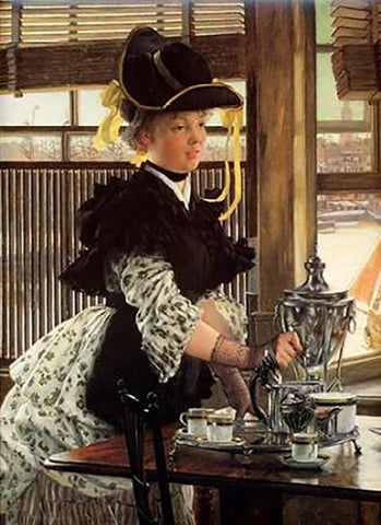 Tea Time White Modern Wood Framed Art Print with Double Matting by Tissot, James