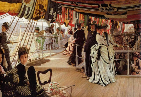 The Ball On Shipboard Black Ornate Wood Framed Art Print with Double Matting by Tissot, James Jacques