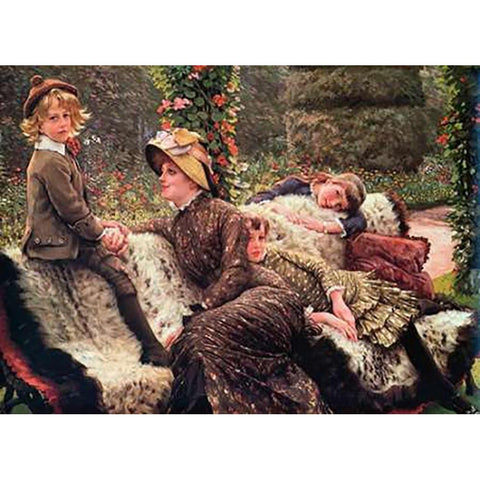 The Garden Bench Gold Ornate Wood Framed Art Print with Double Matting by Tissot, James