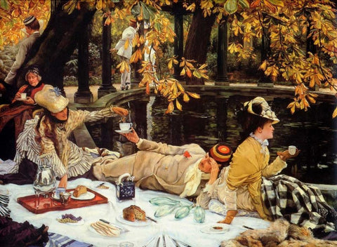 The Picnic White Modern Wood Framed Art Print with Double Matting by Tissot, James Jacques