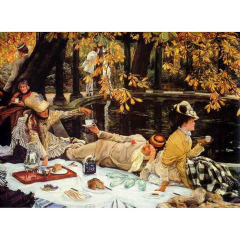 The Picnic Black Modern Wood Framed Art Print with Double Matting by Tissot, James Jacques