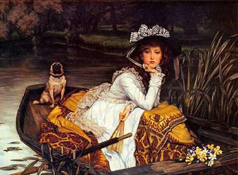 Young Lady In Boat Black Ornate Wood Framed Art Print with Double Matting by Tissot, James