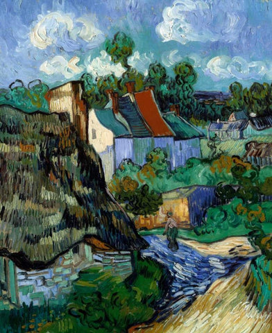 Houses At Auvers Black Ornate Wood Framed Art Print with Double Matting by Van Gogh, Vincent