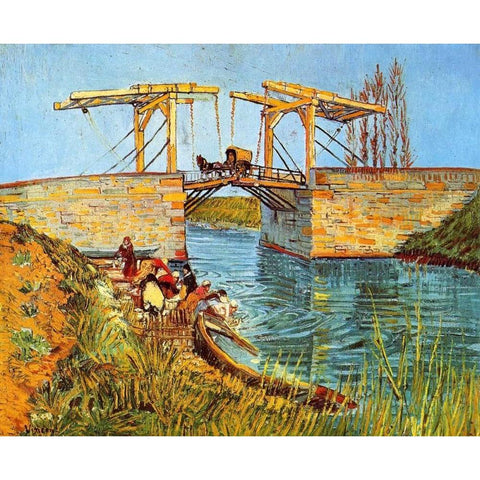 Langlois Bridge Women Washing Gold Ornate Wood Framed Art Print with Double Matting by Van Gogh, Vincent